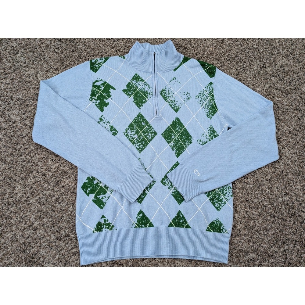 Hurley Argyle Sweater 1/4 Zip Pullover Blue Green Medium Preppy